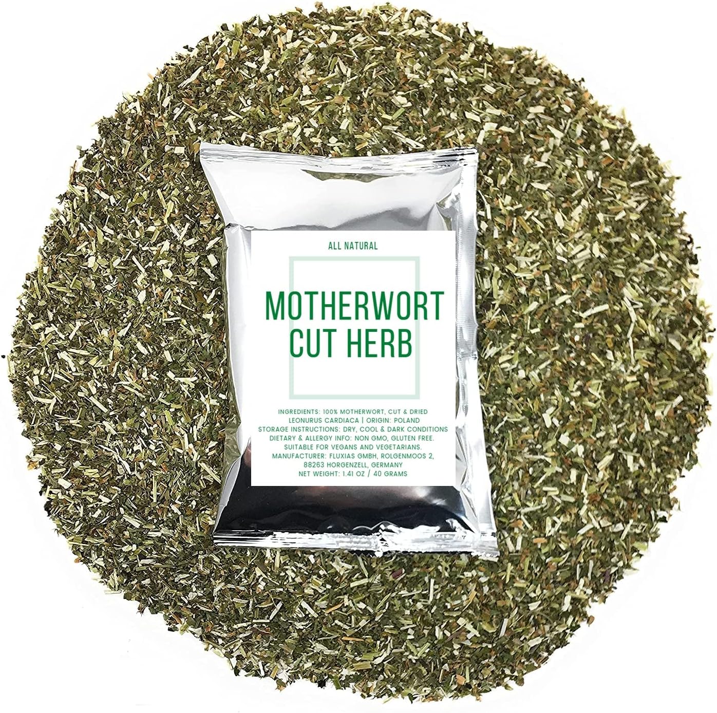 Motherwort Herbal Tea - Ingredients: 100% Natural Motherwort, Cut & Dried Leonurus Cardiaca - Origin: Poland - Net Weight: 1.41 oz/40 grams