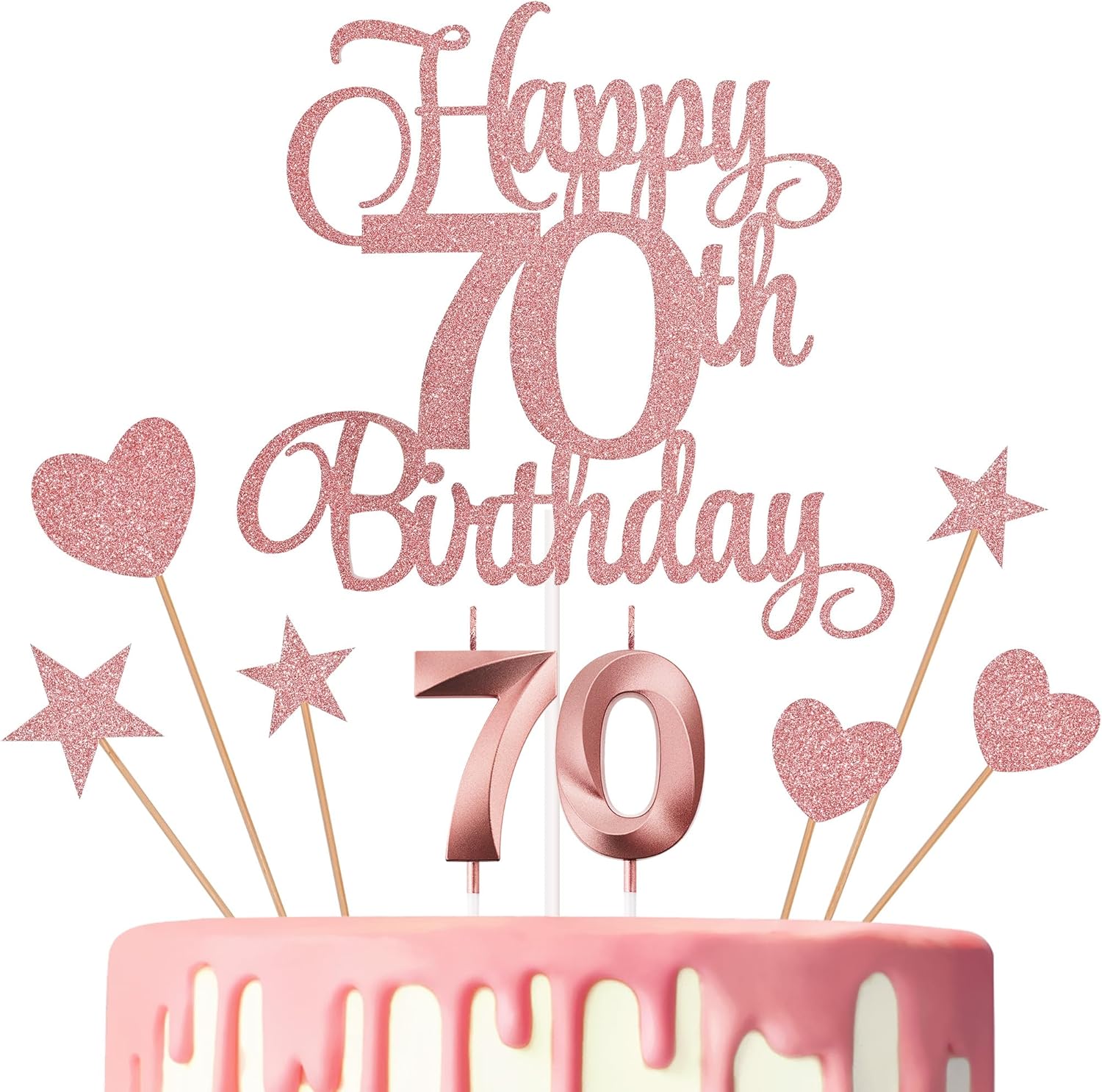 70th Birthday Cake Decorations, 70th Birthday Candles Cake Numeral Candles and Glitter Happy 70th Birthday Cake Toppers Set for Birthday Party Supplies (Rose Gold)