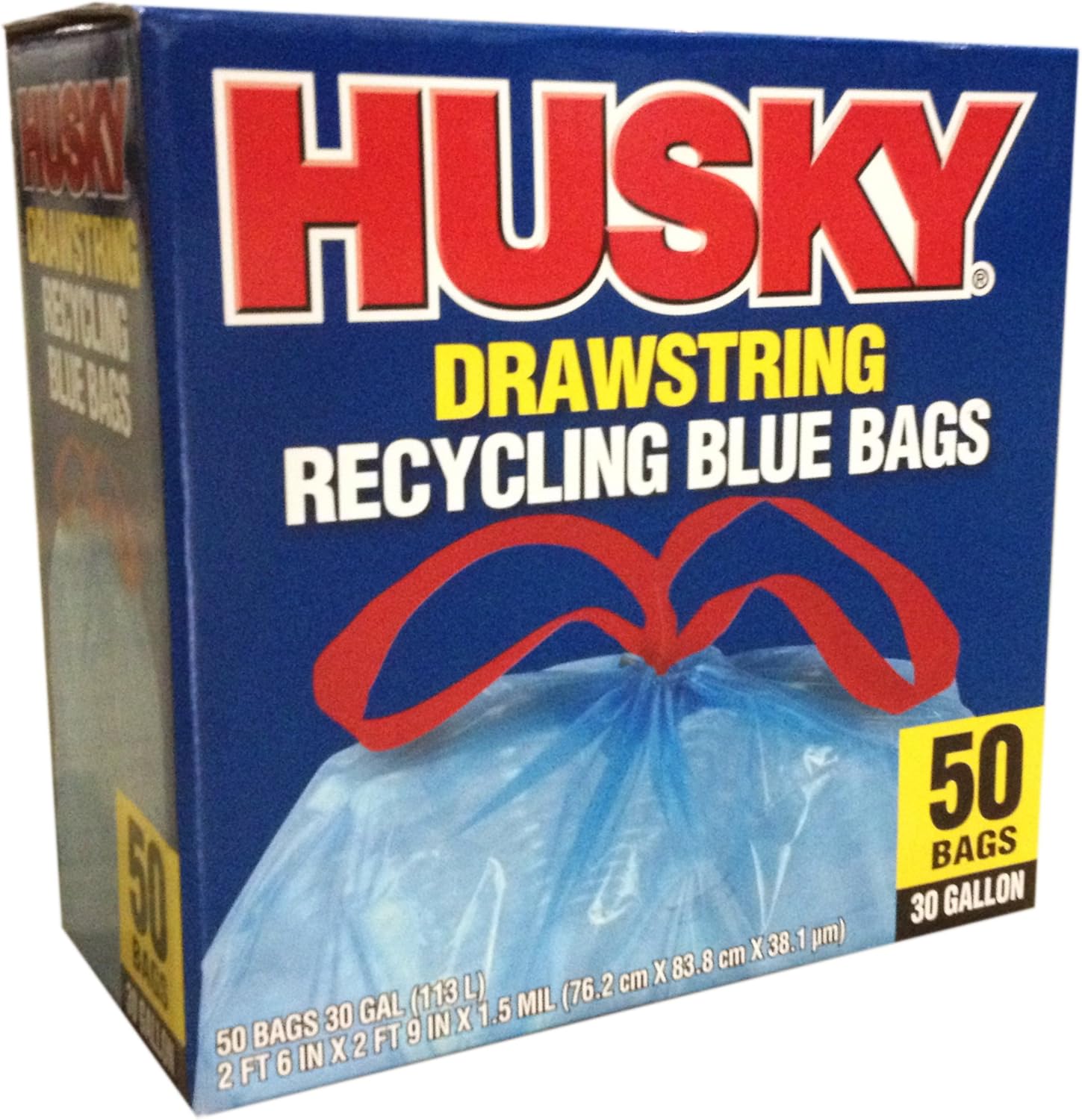 Husky HK30DS050BU 30-Gallon Drawstring Recycling Blue Bags, 50 Count