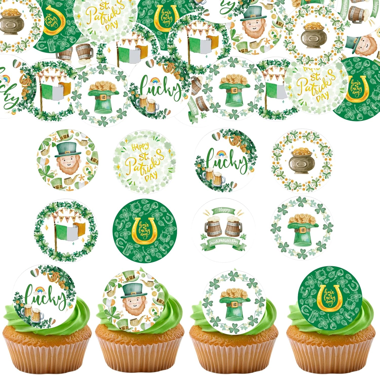 36PCS Edible Happy St Patrick’s Day Cupcake Toppers Wafer Paper Shamrock Green Hat Lucky Cupcake Picks for Happy St Patrick’s Day Irish Theme Baby Shower Birthday Party Cake Supplies