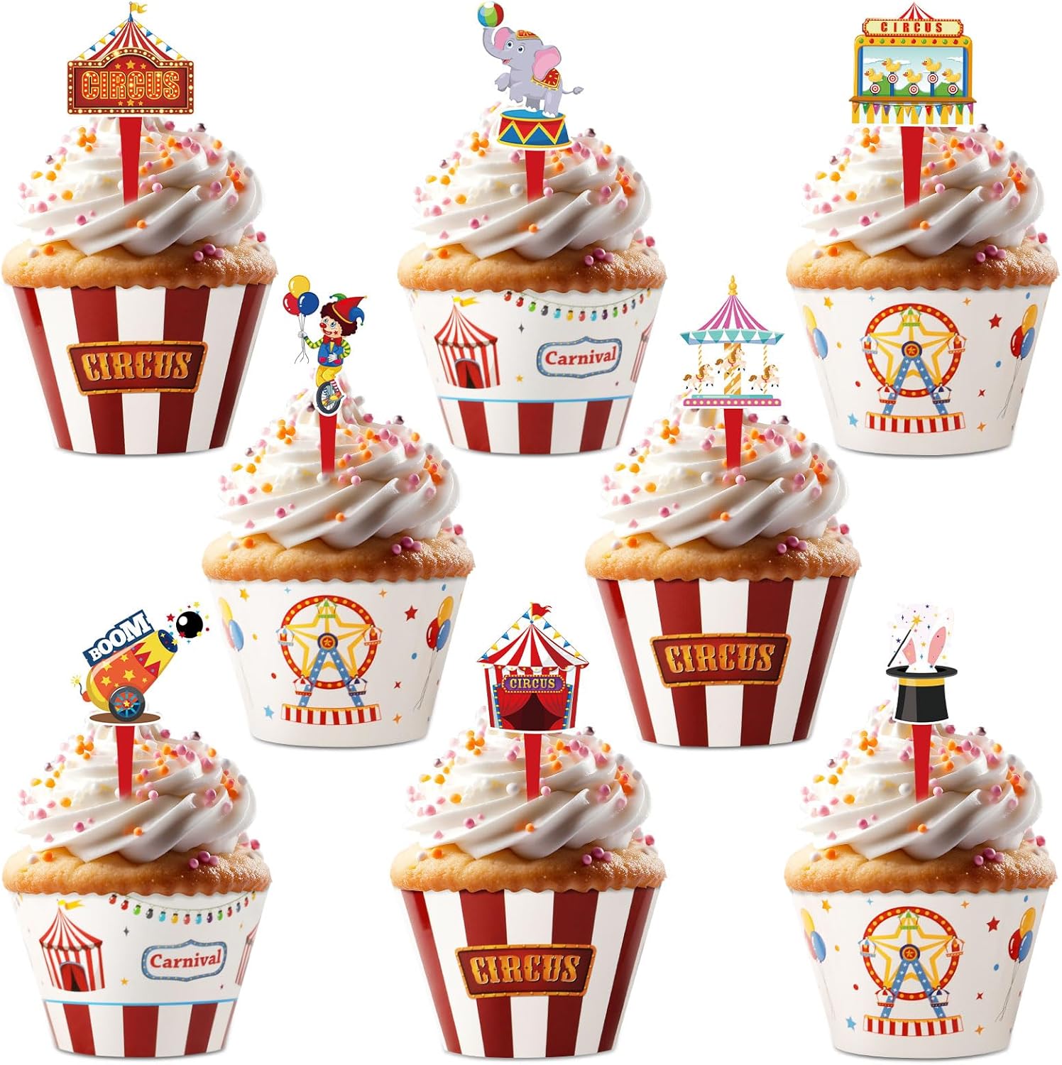 48 Pack Circus Cupcake Toppers and Wrappers, Carnival Party Cake Decoration for Carnival Theme Birthday Party Baby Shower Supplies