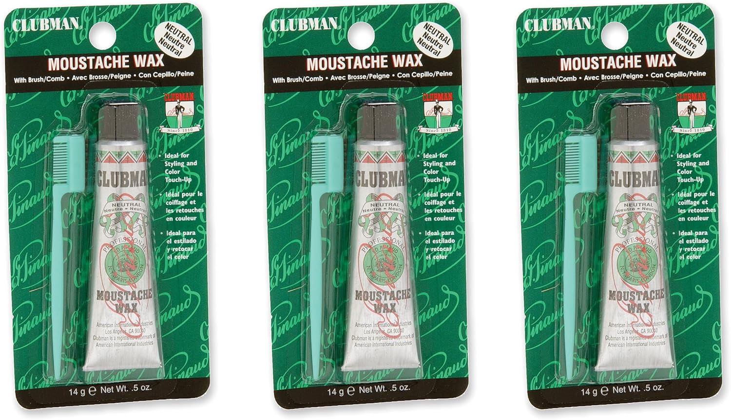 Clubman Pinaud Moustache Wax with Comb Applicator, Neutral, 0.5 Oz (Pack of 3)