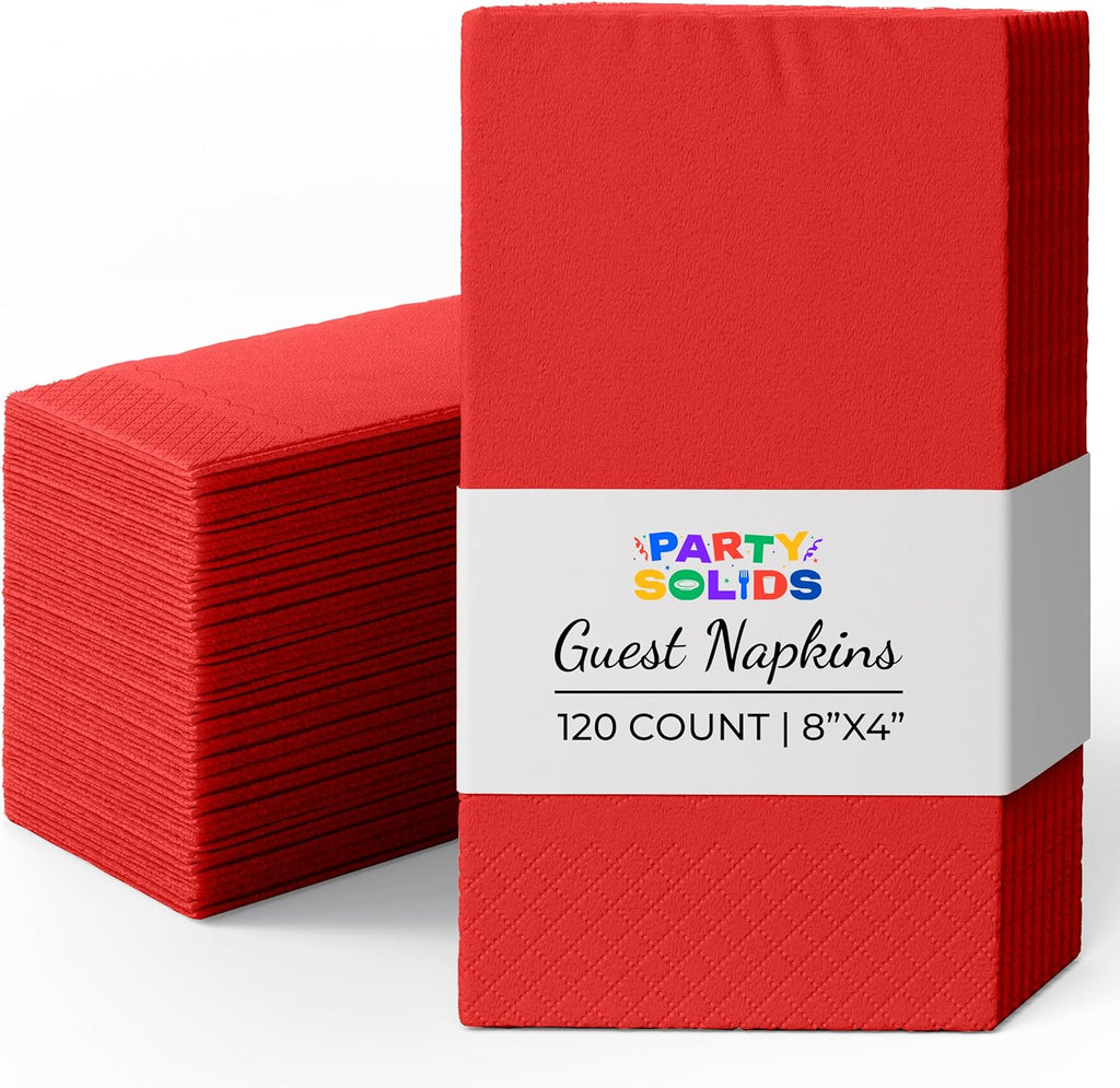 Party Solids Red Dinner Napkins Disposable 8" x 4" Folded - 120 Pcs 2 Ply Red Napkins Disposable Paper Guest Towels for Bathrooms, Dinners, Everyday Parties & Party Supplies