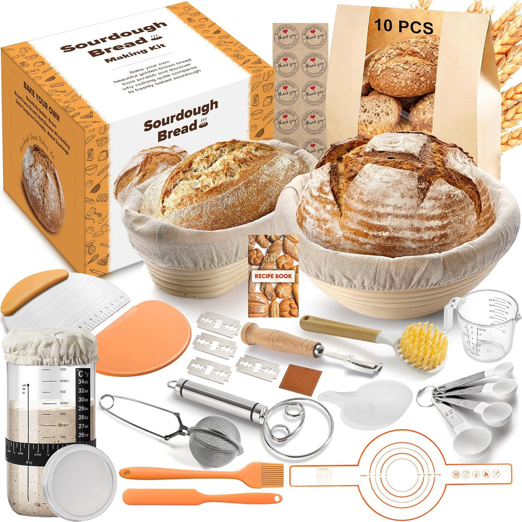 Sourdough Starter Kit, Bread Making Kit with Sourdough Starter Jar for Beginners, Banneton Bread Proofing Basket for Home and Kitchen, Sourdough Bread Baking Supplies, Bread Making Tools Kit