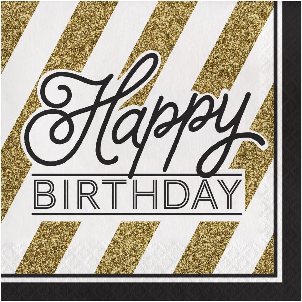 Creative Converting Black and Gold Happy Birthday Paper Lunch Napkins, 6.5”, 16 Count