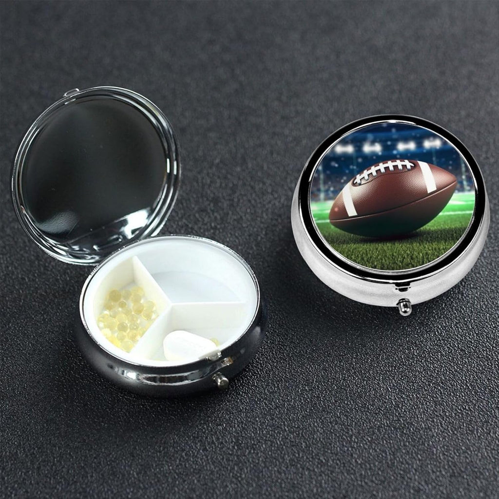 American Football Pill Box 3 Compartment Small Pill Case for Purse & Pocket Decorative Metal Medicine Case Travel Pillbox Round Pill Organizer Vitamin Container Unique Gift