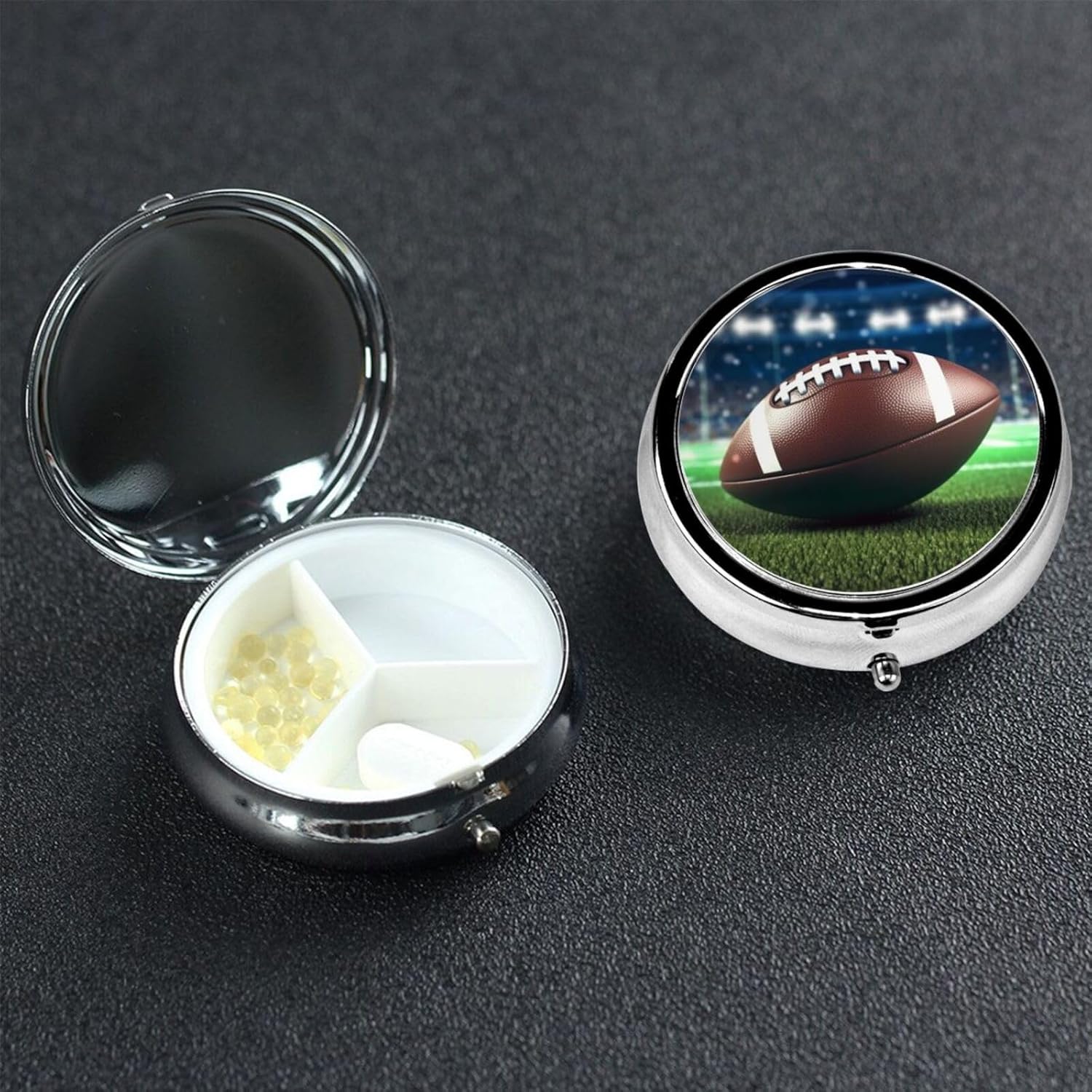 American Football Pill Box 3 Compartment Small Pill Case for Purse & Pocket Decorative Metal Medicine Case Travel Pillbox Round Pill Organizer Vitamin Container Unique Gift