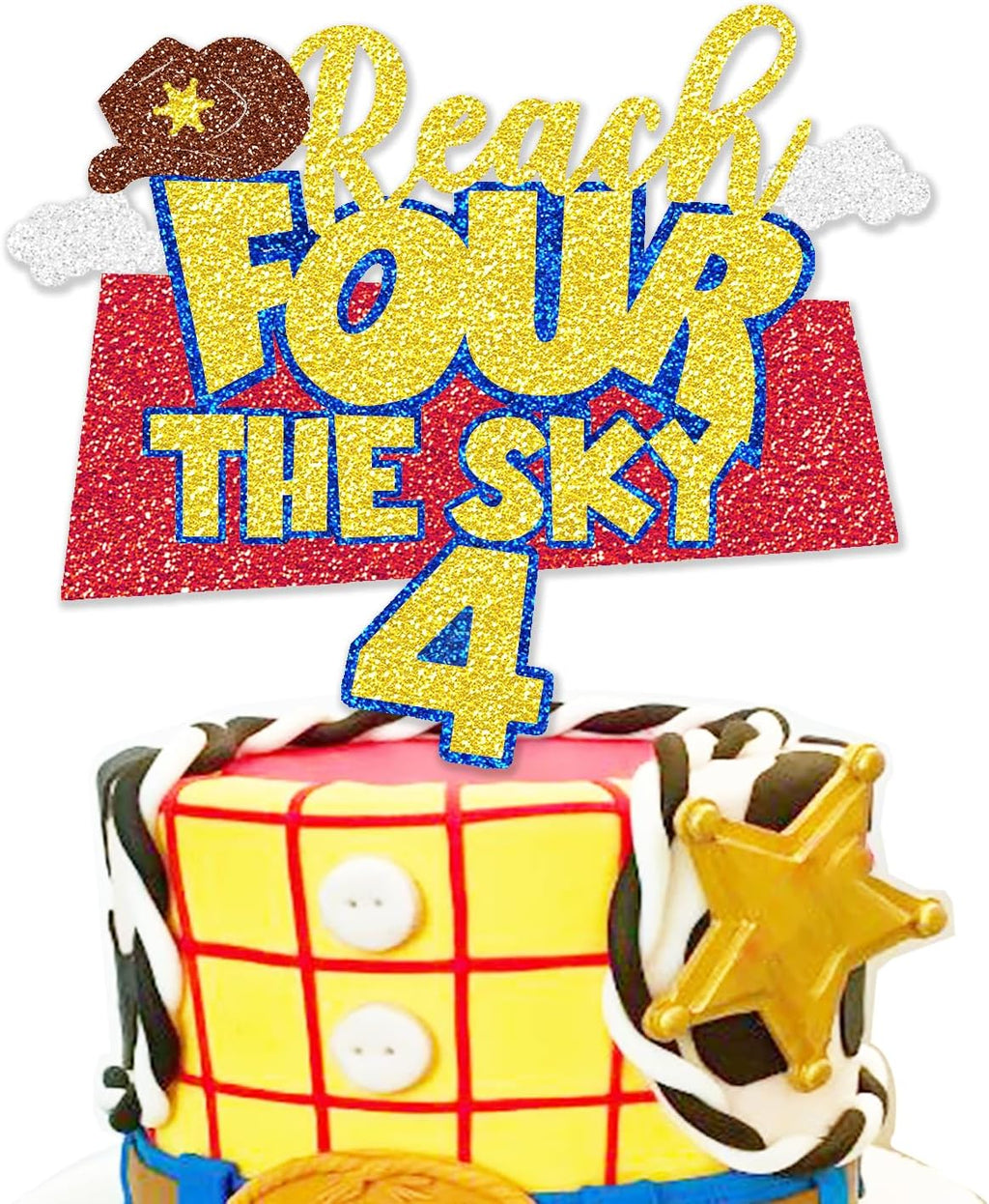 Glitter Reach Four the Sky Birthday Cake Topper Cartoon Story 4th Bday Decorations Blue Sky Clouds 4th Birthday Party Supplies for Boys