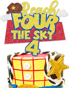 Glitter Reach Four the Sky Birthday Cake Topper Cartoon Story 4th Bday Decorations Blue Sky Clouds 4th Birthday Party Supplies for Boys
