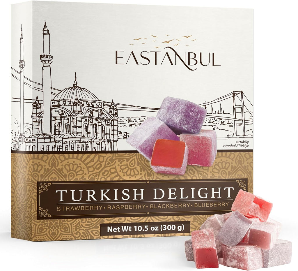 Eastanbul Turkish Delight, 10.5oz, Turkish Delights Candy Assorted Strawberry, Blackberry, Raspberry & Blueberry Flavor, International Candy, Lokum, Plain, Gluten Free, Vegan