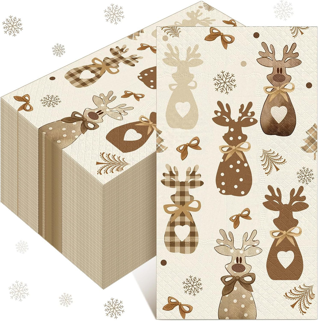 Peryiter 100 Pack Rustic Neutral Christmas Reindeer Paper Napkins Disposable 3 x 15.7 Inch Farmhouse Guests Napkins Christmas Elk Dinner Hand Towels for Bathroom Kitchen Xmas Winter Party Decor