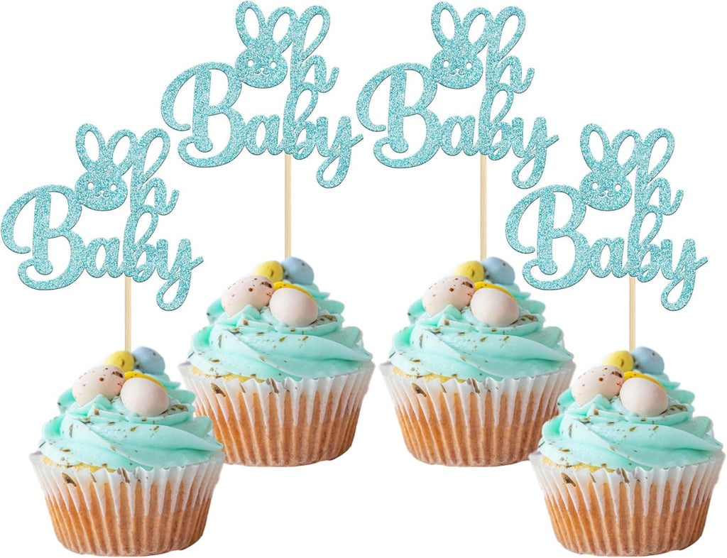 Gyufise 24 Pack Blue Glitter Bunny Oh Baby Cupcake Toppers Happy Easter Rabbit Baby Cake Decoration Picks for Bunny Ear Easter Theme Babyshower Party Decorations
