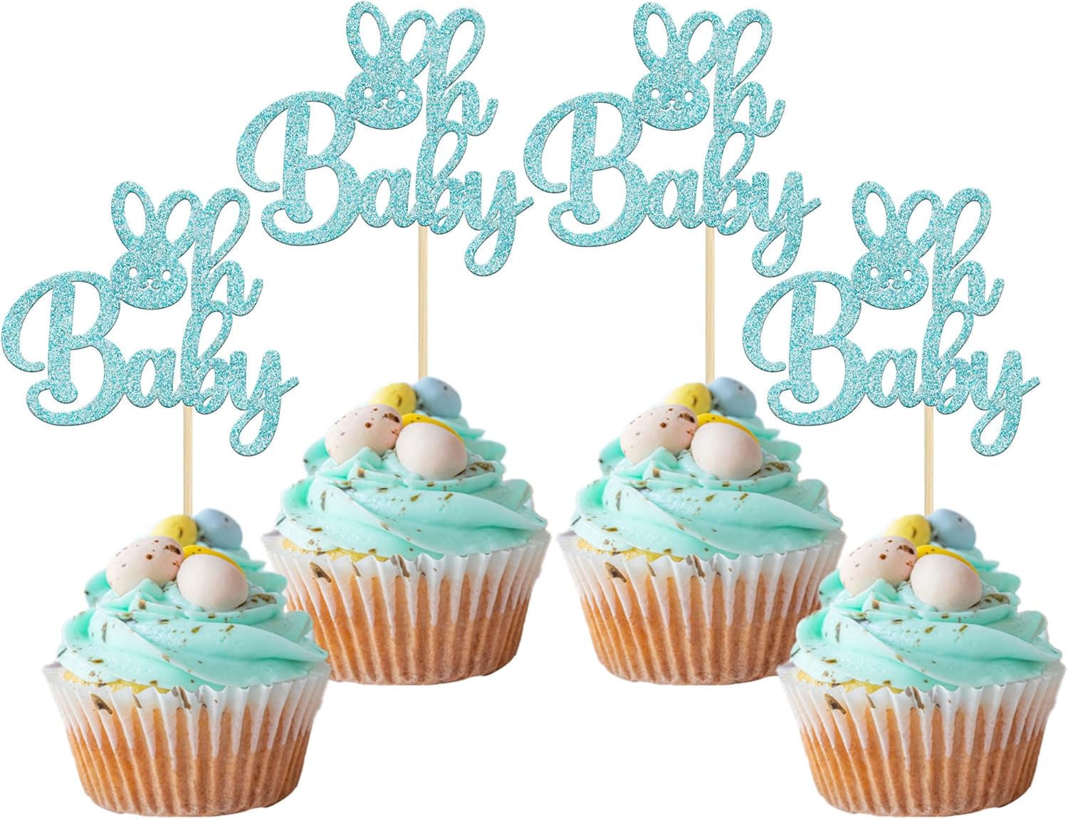 Gyufise 24 Pack Blue Glitter Bunny Oh Baby Cupcake Toppers Happy Easter Rabbit Baby Cake Decoration Picks for Bunny Ear Easter Theme Babyshower Party Decorations