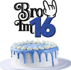 Ephlyn 1Pc Brother I'm 16 Cake Topper Glitter Star Happy 16th Birthday Cake Pick Bro I'm 16 Cake Decoration It's My 16th Birthday Decorations for Boys Cheers to 16 Years Old Party Supplies Blue