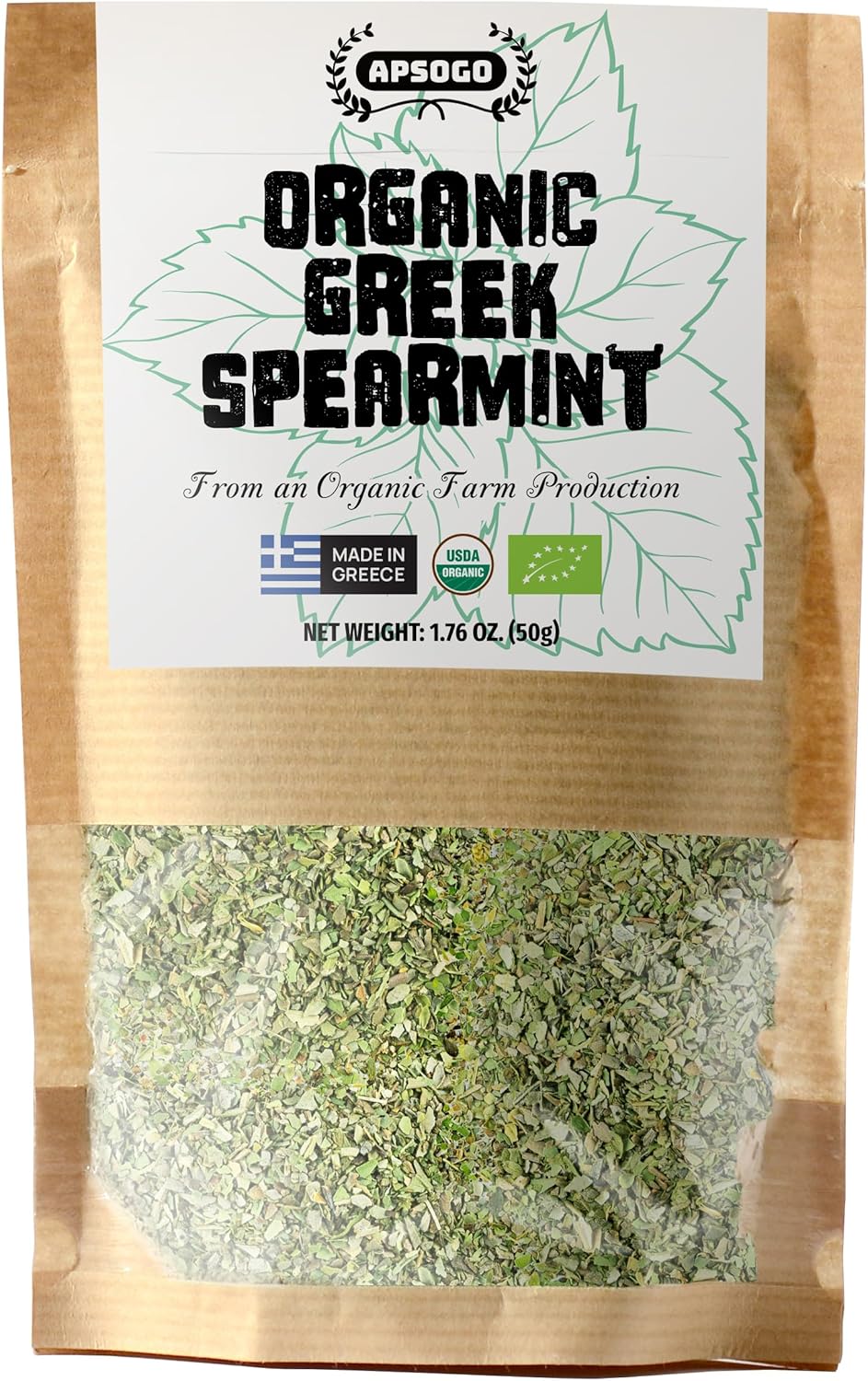 Apsogo Organic Greek Spearmint - Dried Spearmint Leaves for Spearmint Tea Loose Leaf, Herbal Tea & Cooking - Organic Spearmint, Mint Leaves, Naturally Sweet Aroma, Caffeine-Free Mentha Spicata - Resealable Pouch, 1.76 oz