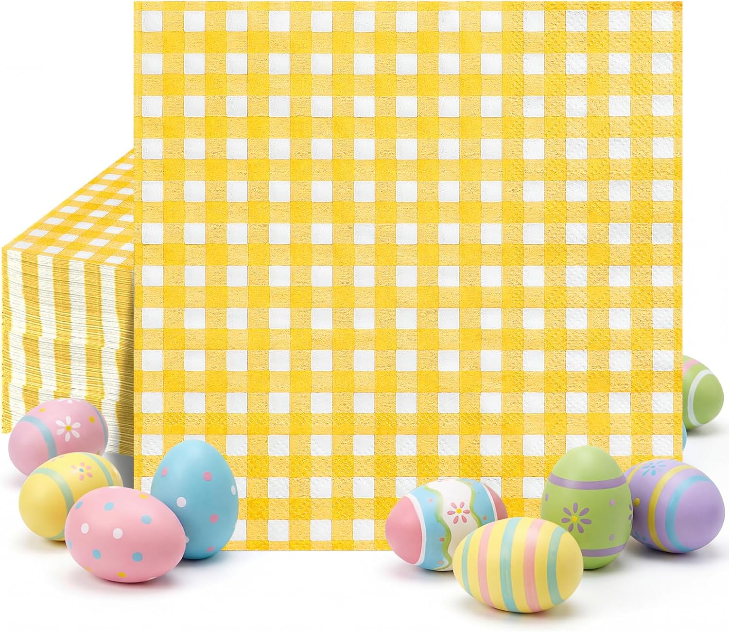 80 Pcs Gingham Napkins, 6.5X6.5 Inch Easter Paper Napkins Disposable Yellow and White Plaid Napkin for Spring, Masters Party, Picnic