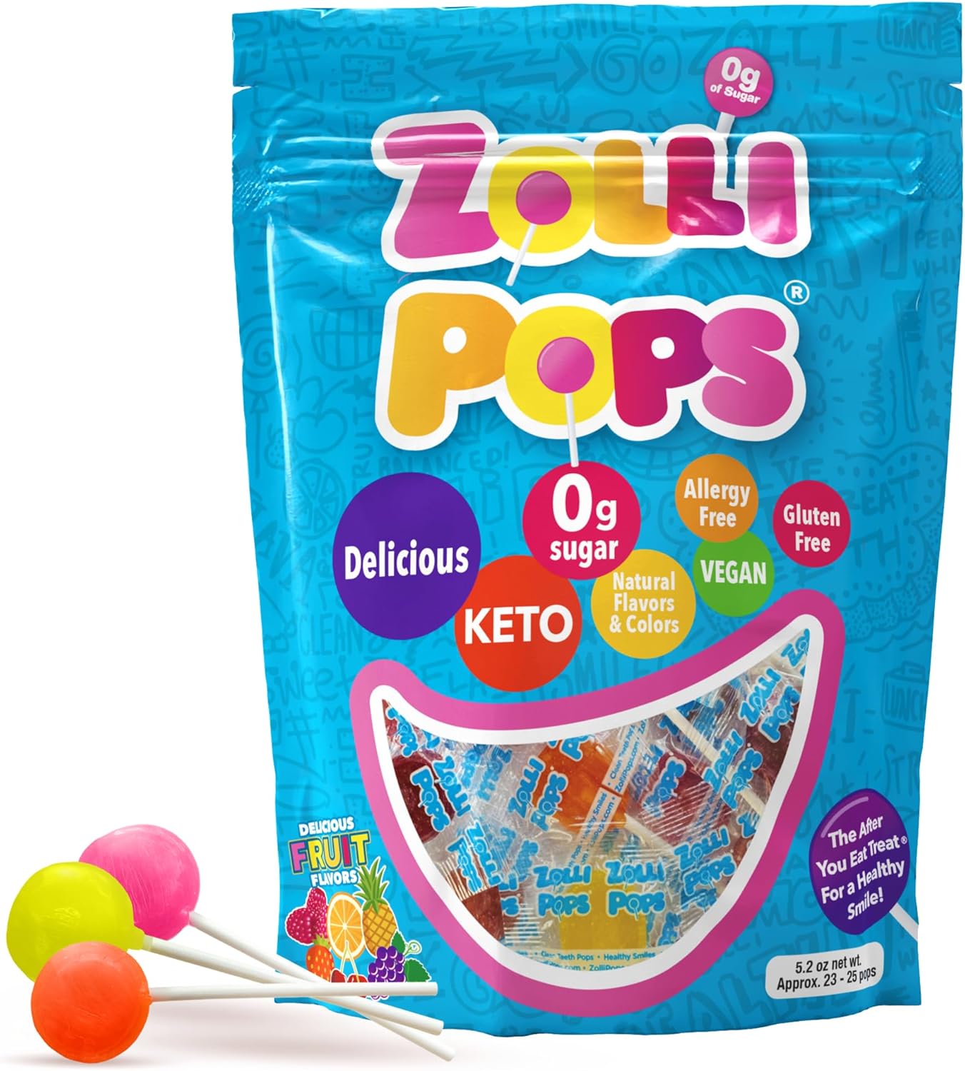 Zollipops Clean Teeth Lollipops, Anti Cavity with Xylitol, Sugar Free Candy for a Healthy Smile Great for Kids, Diabetics and Keto Diet, Natural Fruit Variety, 5.2oz