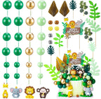 44 Pcs Jungle Safari Animal Cake Toppers Wild Zoo Cake Decorations Includes Elephant Giraffe Lion Monkey Birthday Cake Topper Tropical Leaves Palm Leaves Green Cake Balls Decorations