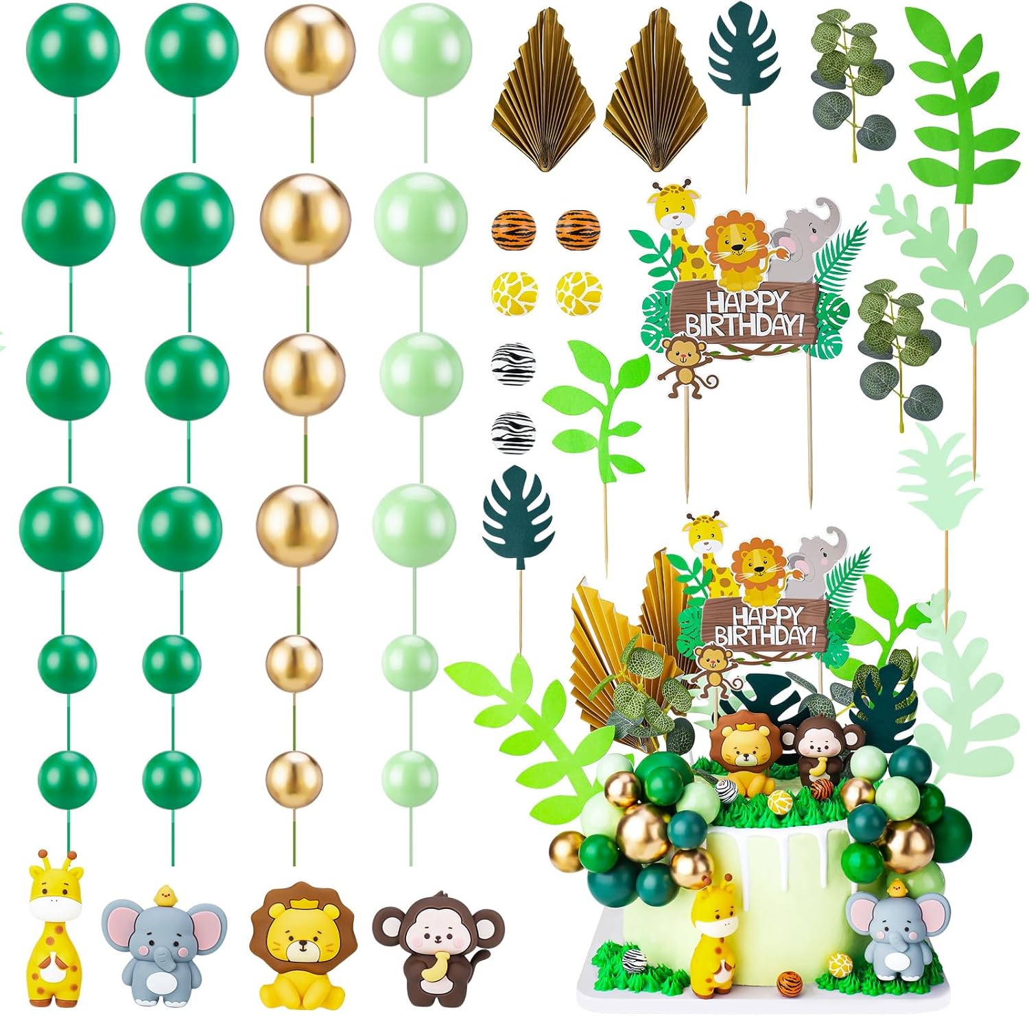 44 Pcs Jungle Safari Animal Cake Toppers Wild Zoo Cake Decorations Includes Elephant Giraffe Lion Monkey Birthday Cake Topper Tropical Leaves Palm Leaves Green Cake Balls Decorations