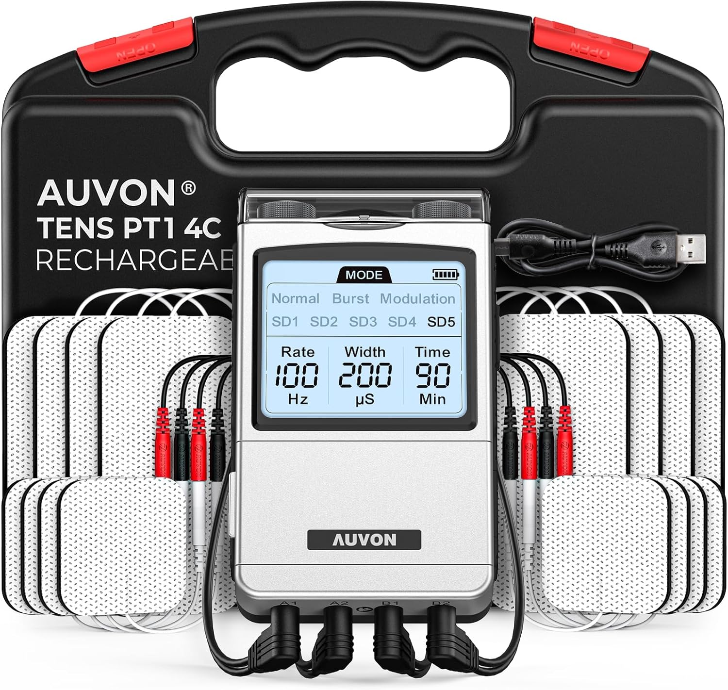 AUVON Rechargeable 4-Channel TENS Unit Muscle Stimulator for Back Pain Relief, Digital TENS Machine with 8 Customizable Modes, Electronic Pulse Massager Easy to Use, 16 Premium TENS Pads, A Carry Case