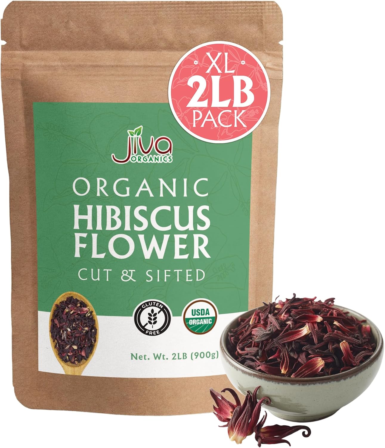 Organic Hibiscus Flowers 2 LB Jumbo Bulk Bag - 100% Pure, Cut & Sifted, Gluten Free, Non GMO, Non Irradiated, Caffeine Free, Perfect for Tea Blends, Jams, Baked Goods by Jiva Organics
