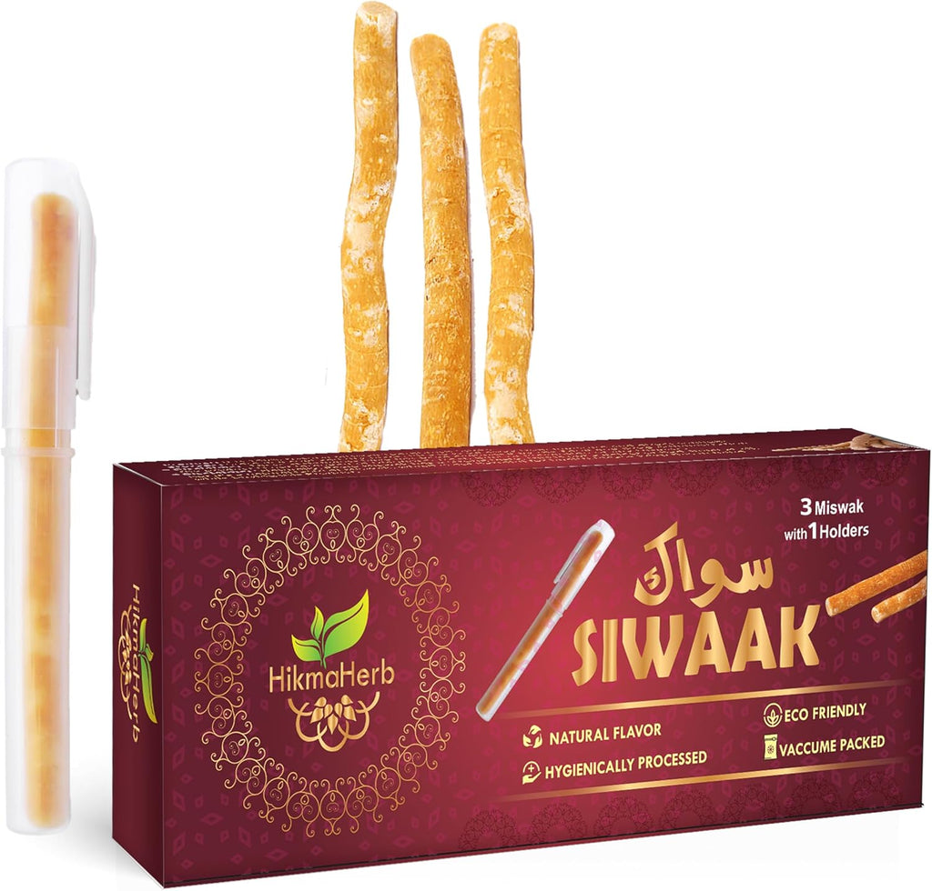 Pack of 3 Miswak Sticks with Holder - Vacuum Sealed Natural Chewing Sticks for Teeth - Natural Flavored Toothbrush for Teeth Whitening, Oral Health, and Fresh Breath || Pack of 3…