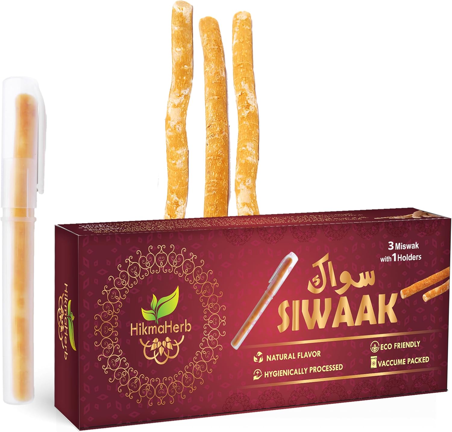 Pack of 3 Miswak Sticks with Holder - Vacuum Sealed Natural Chewing Sticks for Teeth - Natural Flavored Toothbrush for Teeth Whitening, Oral Health, and Fresh Breath || Pack of 3…