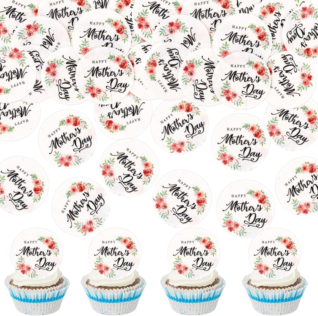 Ercadio 40 Pcs Edible Happy Mother's Day Cupcake Topper Mom Cake Drink Topper Picks Love Mom Pink Flowers Cake Decoration for Happy Mother's Day Theme Party Cake Decor Supplies