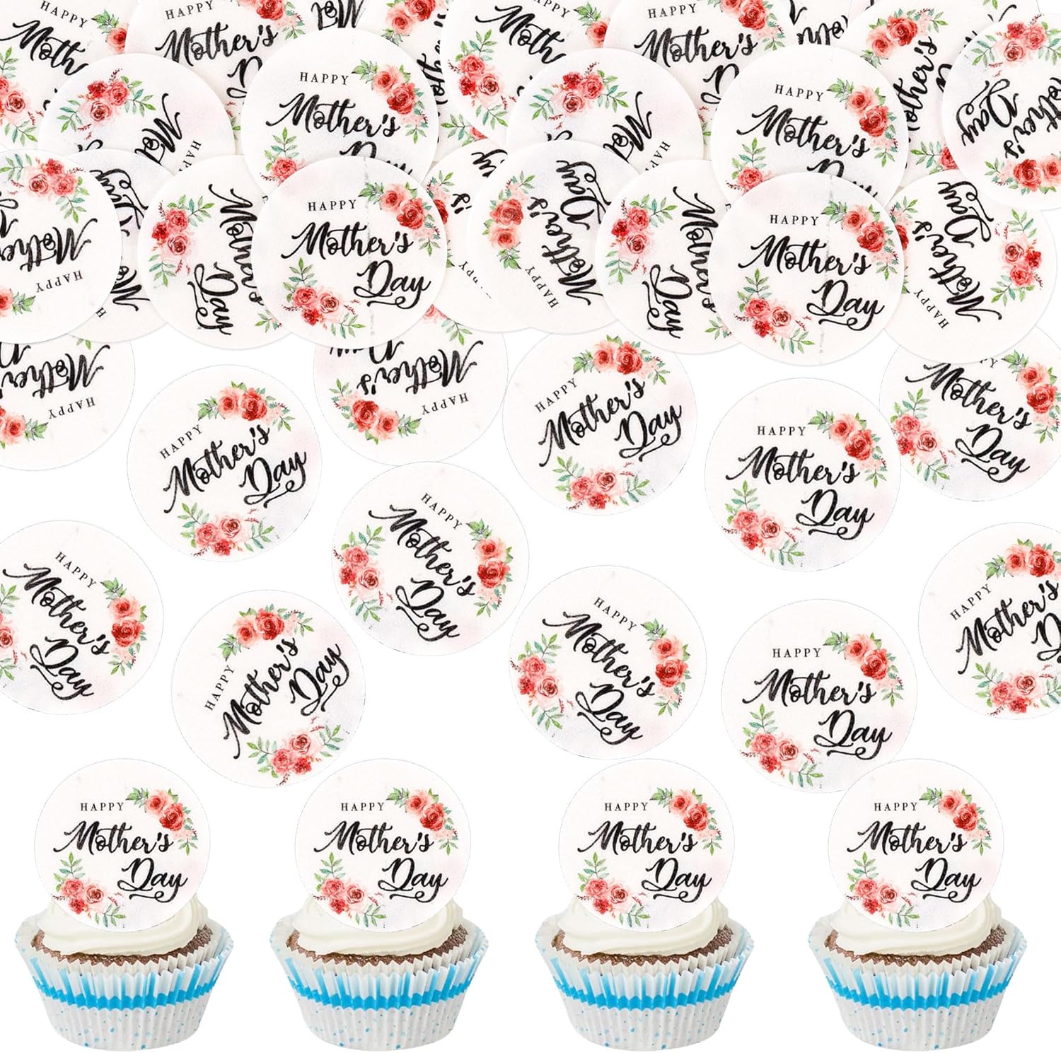 Ercadio 40 Pcs Edible Happy Mother's Day Cupcake Topper Mom Cake Drink Topper Picks Love Mom Pink Flowers Cake Decoration for Happy Mother's Day Theme Party Cake Decor Supplies