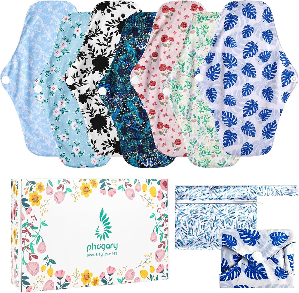 PHOGARY 7 Packs Reusable Menstrual Pads with Wings, Breathable Mesh Surface Cloth Sanitary Pads for Heavy Flow with Wet Bag, Washable Overnight Cloth Panty Liners for Women
