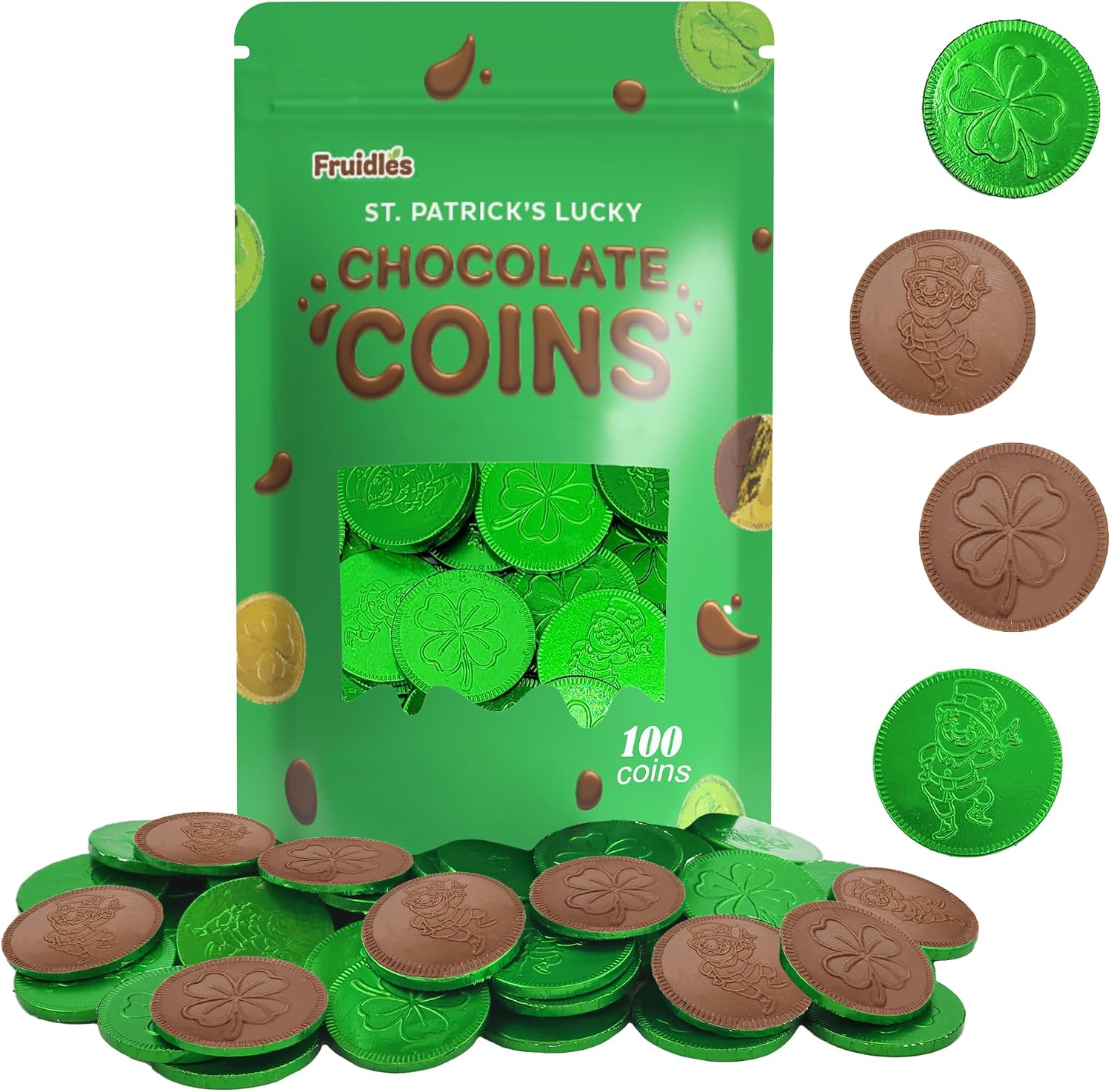 St. Patrick's Day 100 Coins Shamrock & Leprechaun Milk Chocolate Green Coins, Themed Parties, Events and Celebrations, Perfect for Gift Bags and Festive Decorations, 4.5g Milk Chocolate Coin