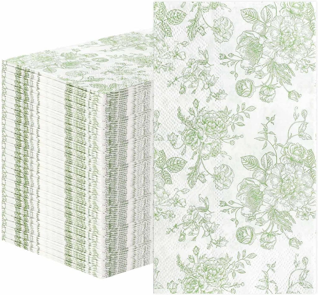 SietDESEO 50 Pieces 3-ply Sage Green Floral Napkins Disposable 13 x 15.7 Inches Guest Bathroom Napkins Disposable Hand Towels for Bathroom Wedding Birthday Party Paper Dinner Napkins
