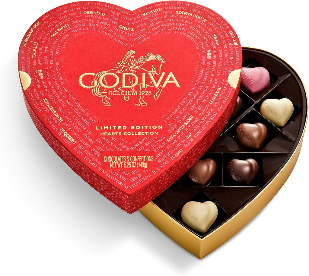 Godiva Gold Heart Belgian Chocolate Box, Assorted Chocolates with Ganache and Pralinés, Elegant Gift for Her, 14 Pc