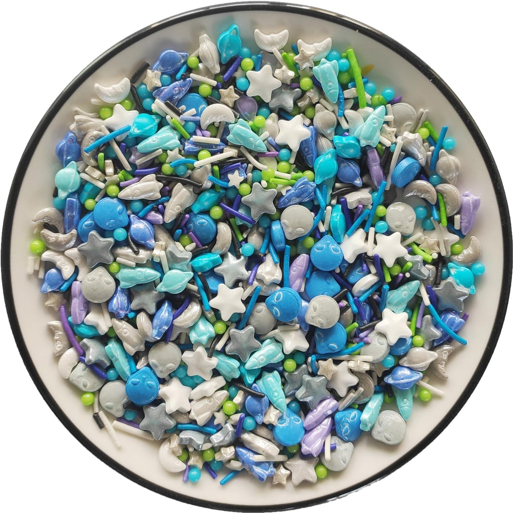 Edible Alien Space Themed Planet Rocket Moon Sugar Sprinkles Spacecraft Dessert sprinkles Star Cake Cupcake Toppers Pearls cookie decorations for cake Decorating, 3.35 Ounce(Silver)