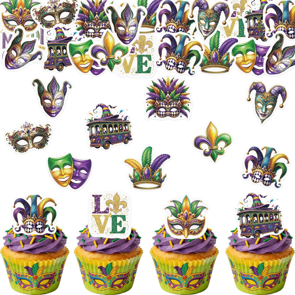 52PCS Edible Mask Cupcake Toppers Wafer Paper Love Masquerade Masks Cupcake Picks for Party Baby Shower Birthday Party Cake Decorations Supplies