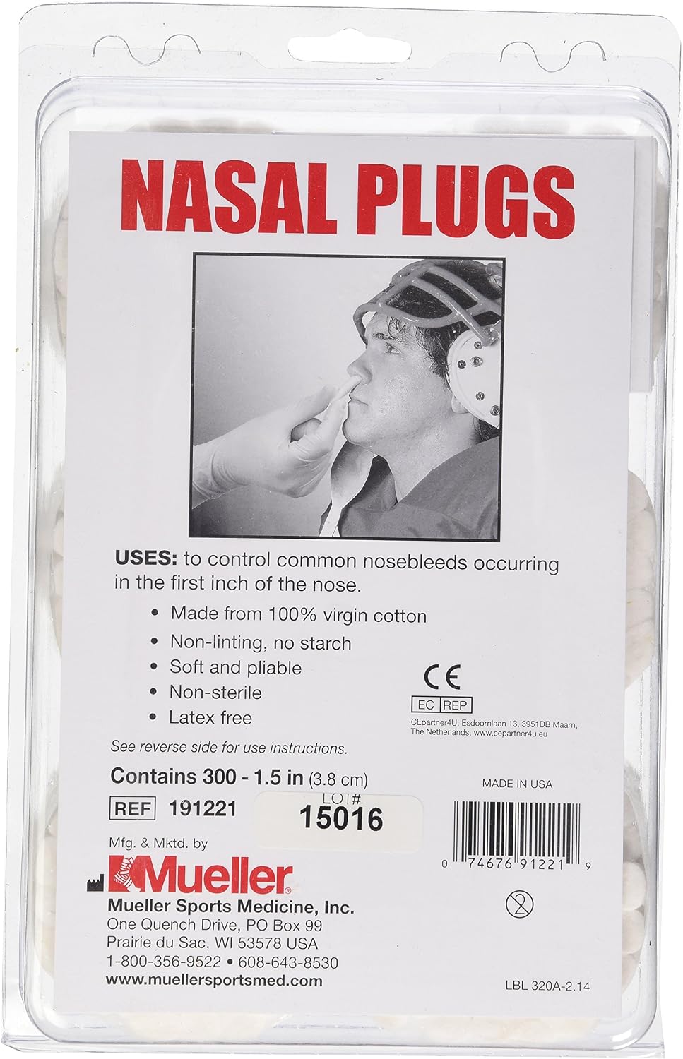 MUELLER Sports Medicine Nasal Plugs, Nose Bleed Stopper for Men and Women, First Aid Kit Medical Supplies, 100% Virgin Cotton, 300 Pieces