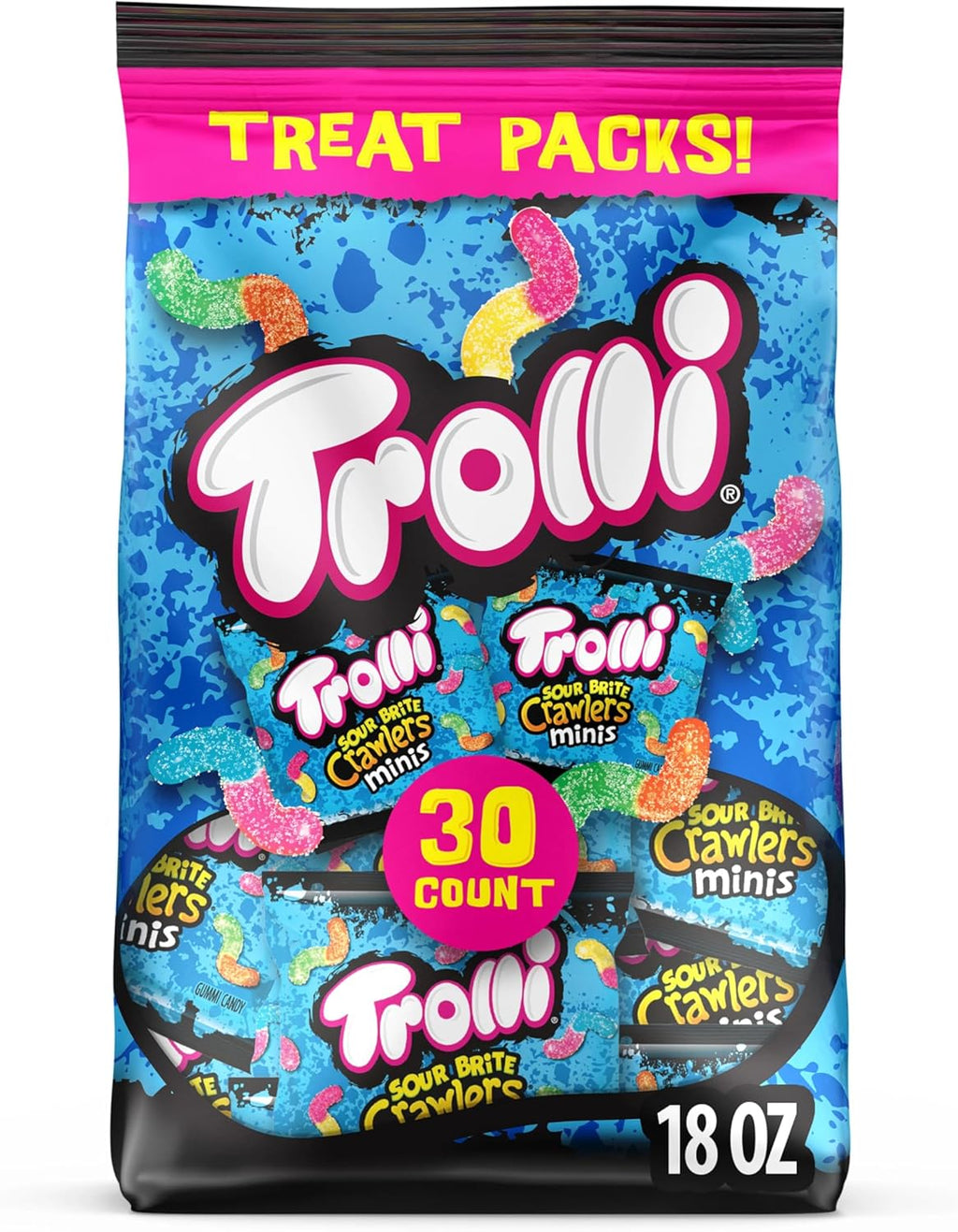 Trolli Mini Sour Brite Crawlers Candy, Cherry-Lemon, Strawberry-Grape & Orange-Lime, Sweet and Sour, Gummy Worms, 18 oz (30 ct)