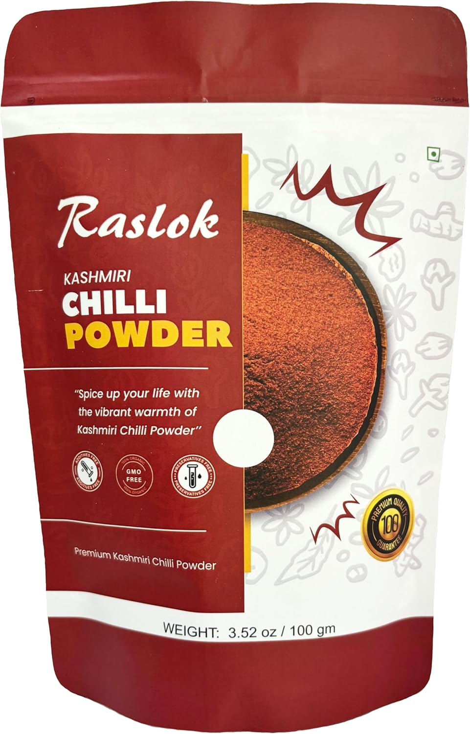 Raslok 100% Pure Kashmiri Chilli Powder 100gm - 3.52oz (Deggi Mirch, Low Heat) || Ground Indian Spices || Indian Origin || Traditional & all natural Indian Spice blend