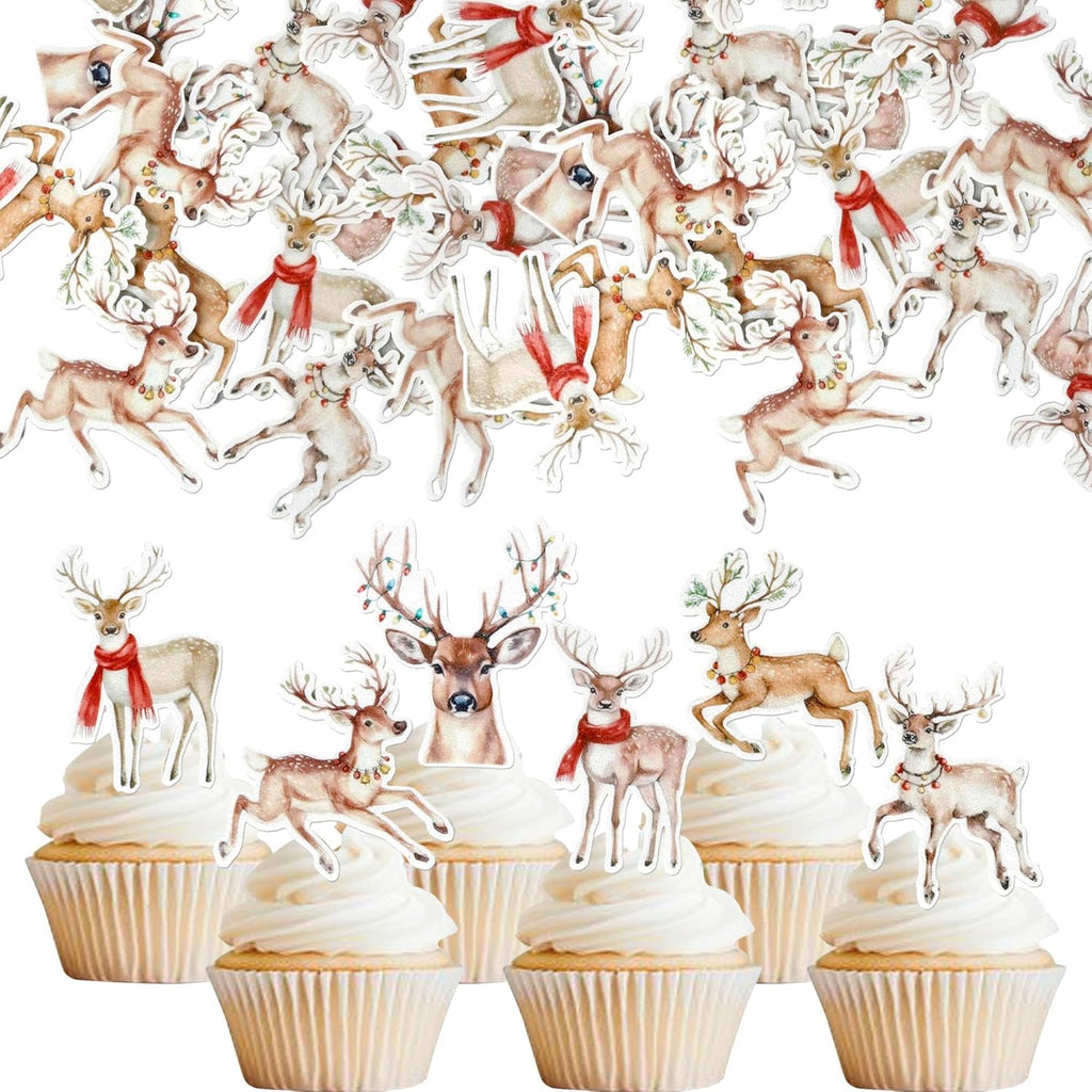 Rsstarxi 60 Pack Christmas Deer Cake Decorations Edible Merry Christmas Cupcake Toppers Xms Reindeer Cupcake Picks for Xmas Holiday New Years Eve Reindeer Theme Party Decorations Supplies