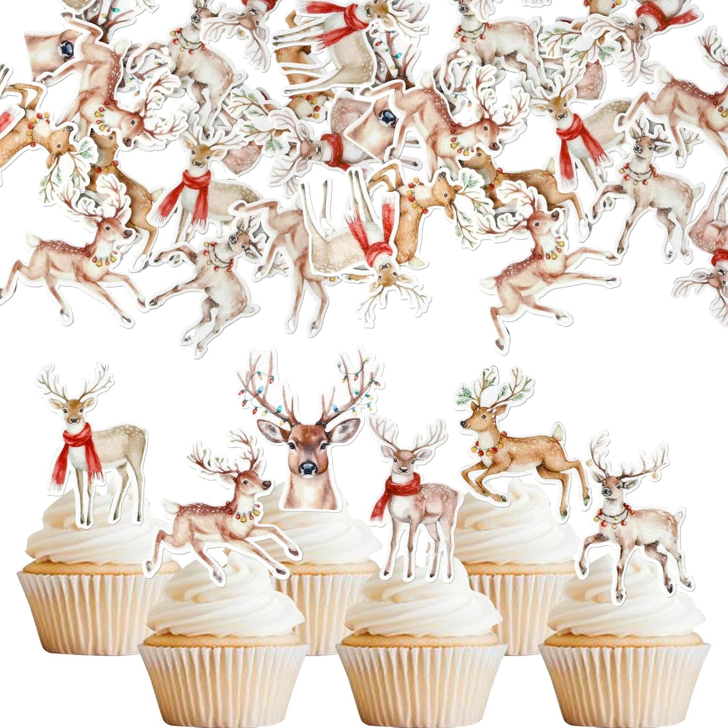 Rsstarxi 60 Pack Christmas Deer Cake Decorations Edible Merry Christmas Cupcake Toppers Xms Reindeer Cupcake Picks for Xmas Holiday New Years Eve Reindeer Theme Party Decorations Supplies