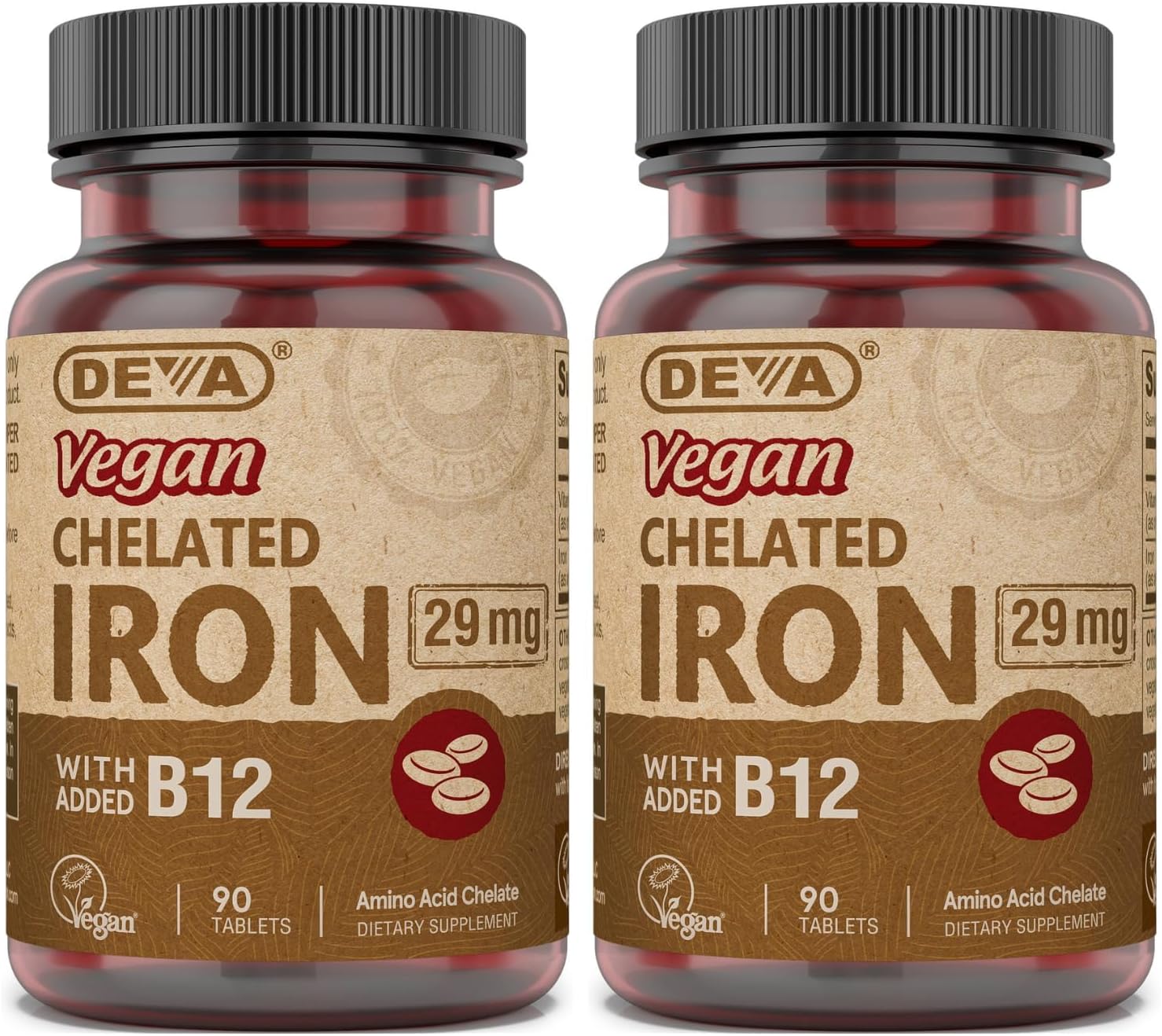 DEVA Nutrition Vegan Chelated Iron 29 mg Fortified with B-12 - High Potency, Easy to Swallow - 90 Tablets, 2-Pack
