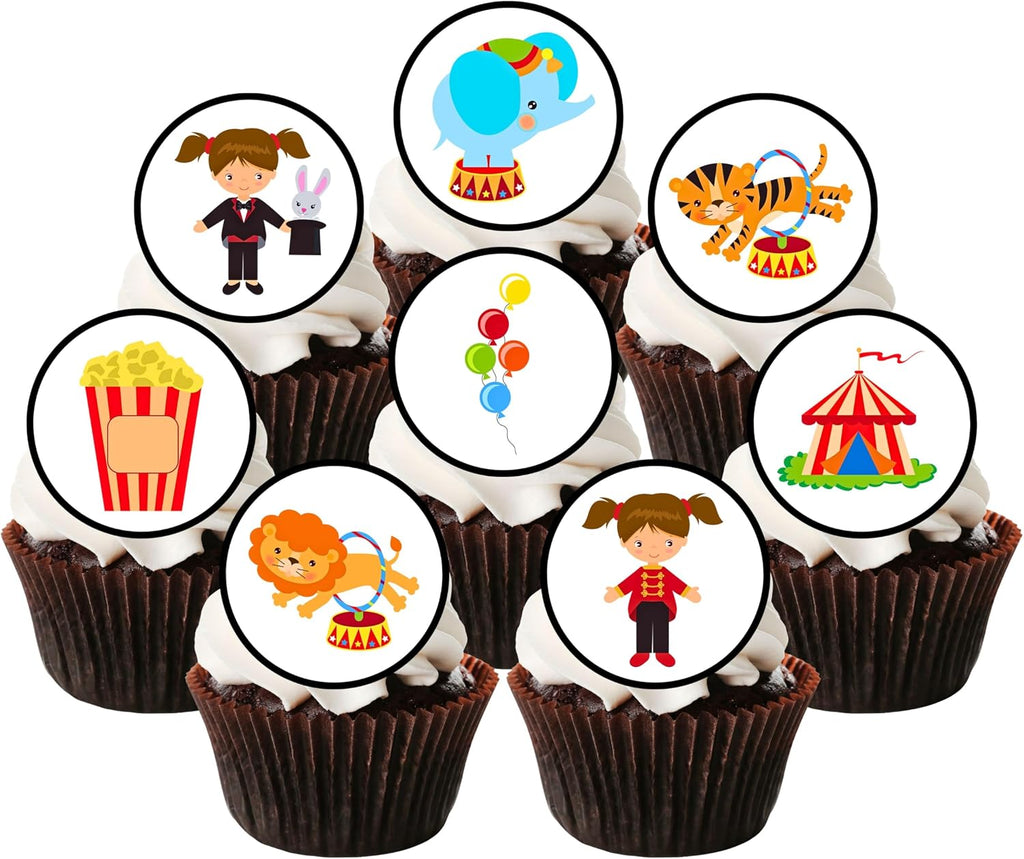 Circus Edible Cupcake Toppers, Carnival Edible Cake Decorations, Movie Night Cake Toppers, Circus Theme Party Decorations, Theme no.2, 24 x 4cm / 1.5 Inch wafer Card Discs