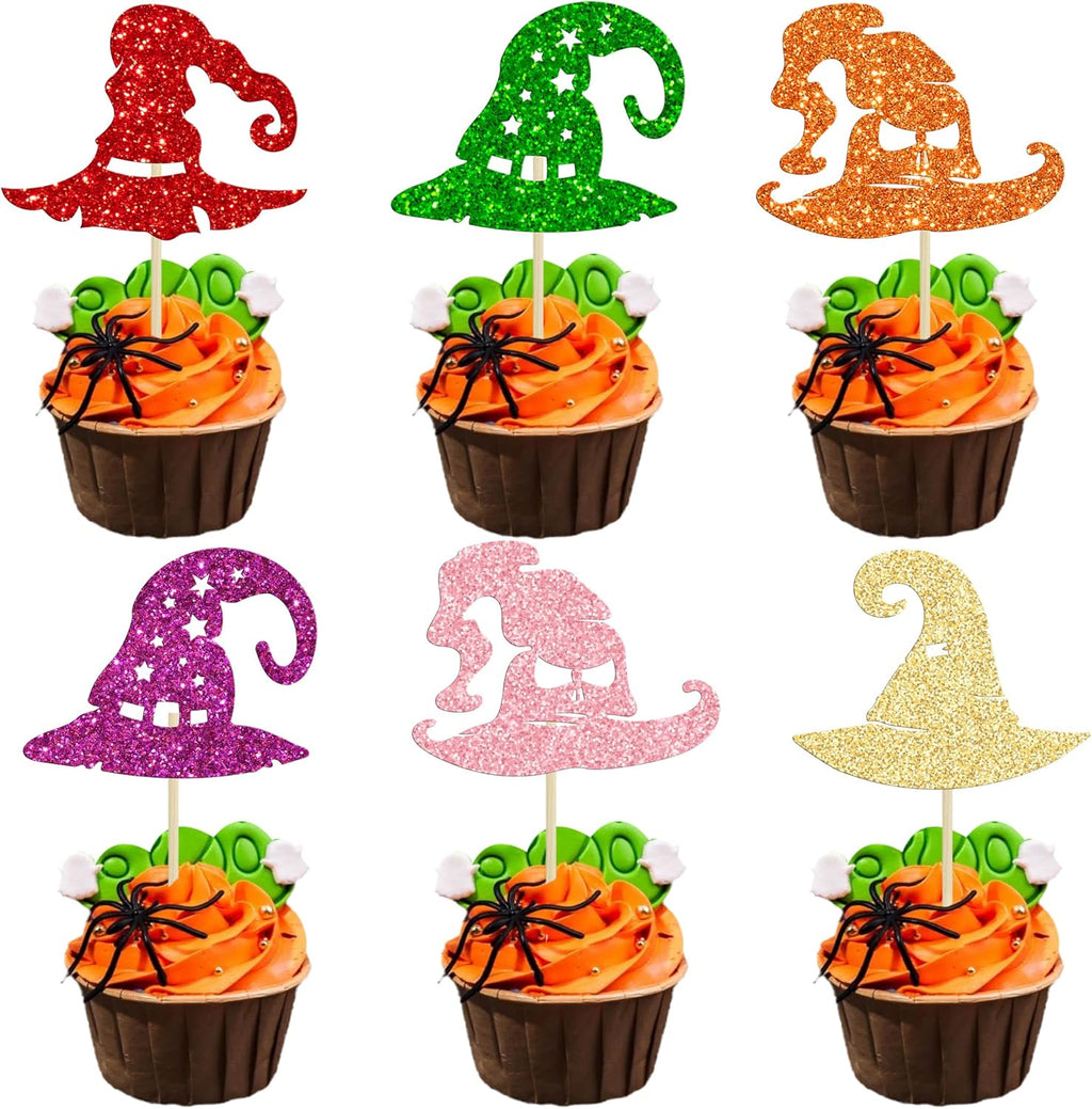 Gyufise 24Pcs Halloween Witch Hat Cupcake Toppers - Glitter Wizard Hat Picks for Baby Shower, Birthday, Halloween Themed Party Cake Decorations Supplies