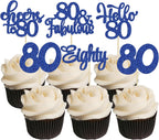 30pcs Happy 80th Birthday Cupcake Toppers - Eighty Cheers to 80 Years Old - Blue Glitter