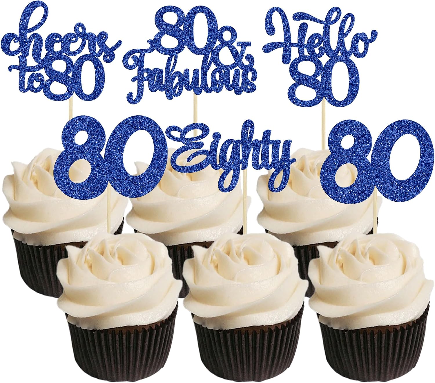 30pcs Happy 80th Birthday Cupcake Toppers - Eighty Cheers to 80 Years Old - Blue Glitter