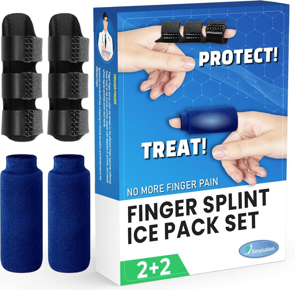 Simplation Trigger Finger Splint and Ice Pack (2+2 Set) for Pain Relief, Knuckle Immobilization, Straightening Arthritis, Injured Mallet Finger, Fits Index, Middle, Thumb, Ring Finger