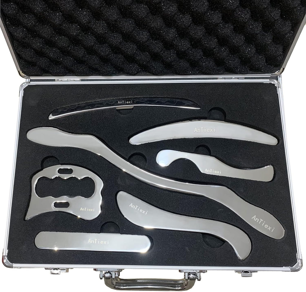 Medical Stainless Steel GuaStainless Steel Gua Sha Scraping Massage Tool Set IASTM Tool Set (7pcs) Great Soft Tissue Mobilization Tool Physical Therapy (AnTiexi04-7set)