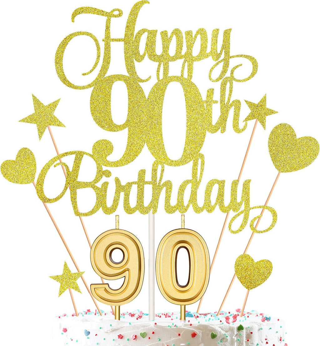 90th Birthday Cake Decorations Set Include 90th Birthday Candles Numeral 90 Cake Candles and Happy 90th Birthday Cake Toppers with Heart Star Cupcake Picks for Birthday Party (Gold Series)