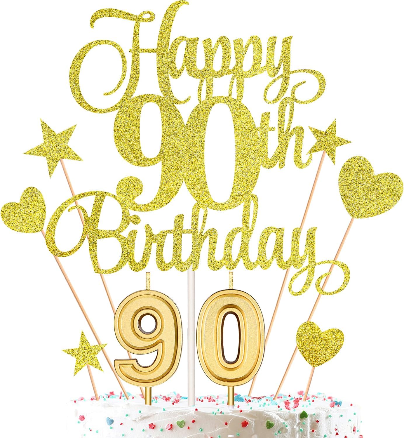 90th Birthday Cake Decorations Set Include 90th Birthday Candles Numeral 90 Cake Candles and Happy 90th Birthday Cake Toppers with Heart Star Cupcake Picks for Birthday Party (Gold Series)