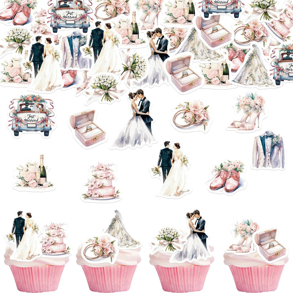 45PCS Edible Wedding Cupcake Toppers Wafer Paper Groom and Bride Cupcake Decoration Diamond Ring Cupcake Picks for Bridal Shower Bachelorette Wedding Party Supplies